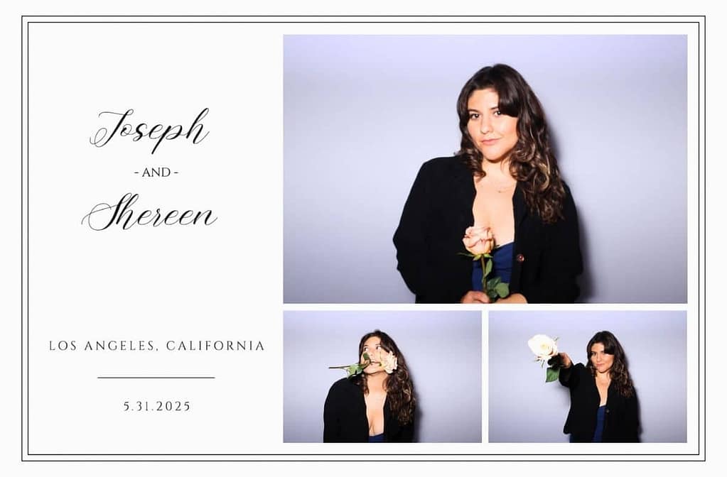 a lady holding and biting a flower in different frames