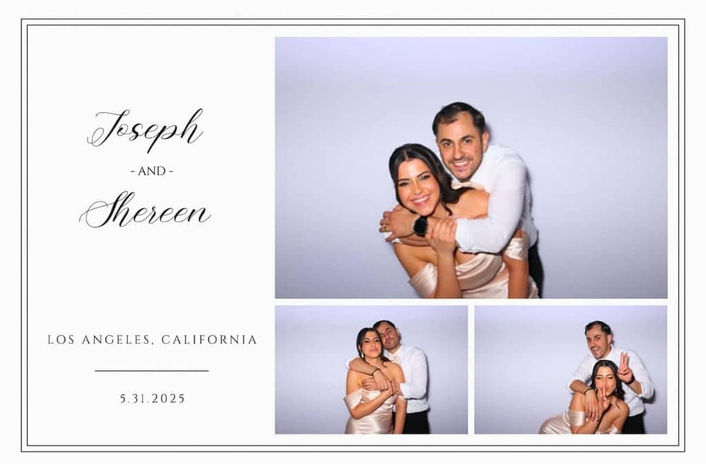 A couple posing in a photo booth at their wedding, shown in three frames.