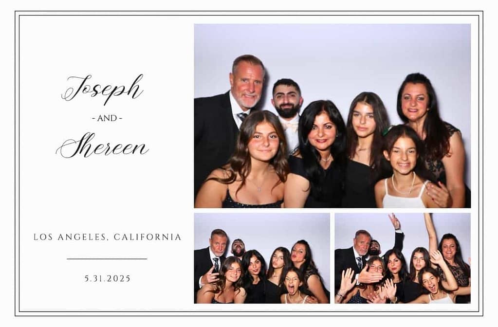 a group of people posing for a photo booth at a wedding