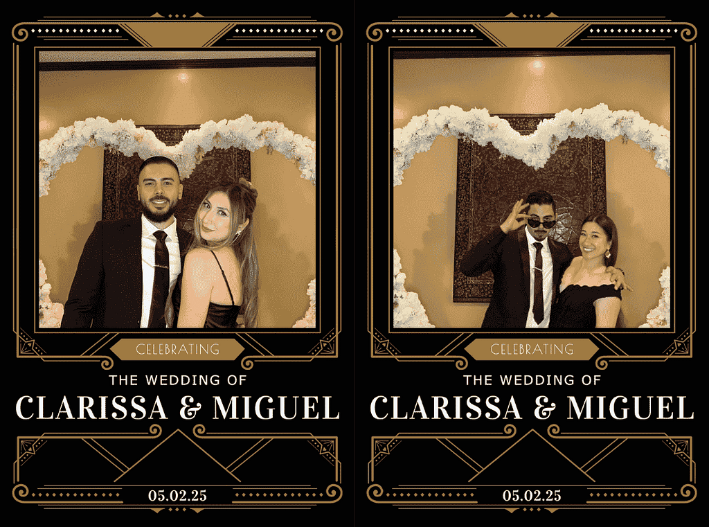 Wedding guests posing on a photo booth with heart-shaped backdrop and smiles