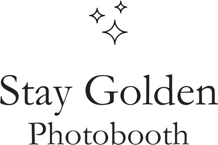 Minimalist Stay Golden Photo Booth logo featuring elegant text and sparkling star accents.