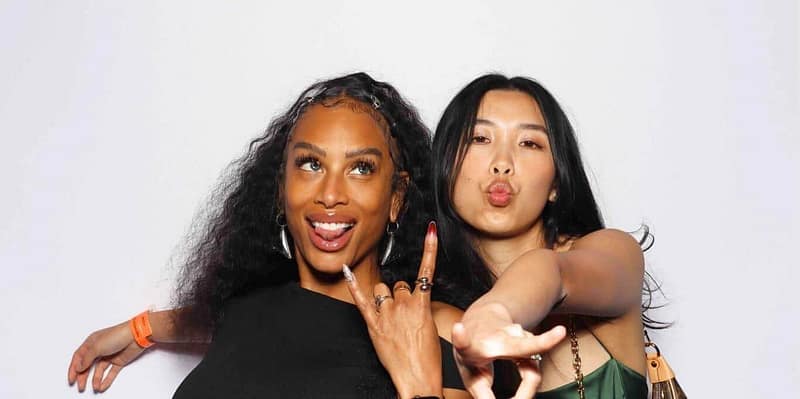 Two ladies posing with playful expressions at the Treyarch Black Ops 6 photo booth rental in Santa Monica.