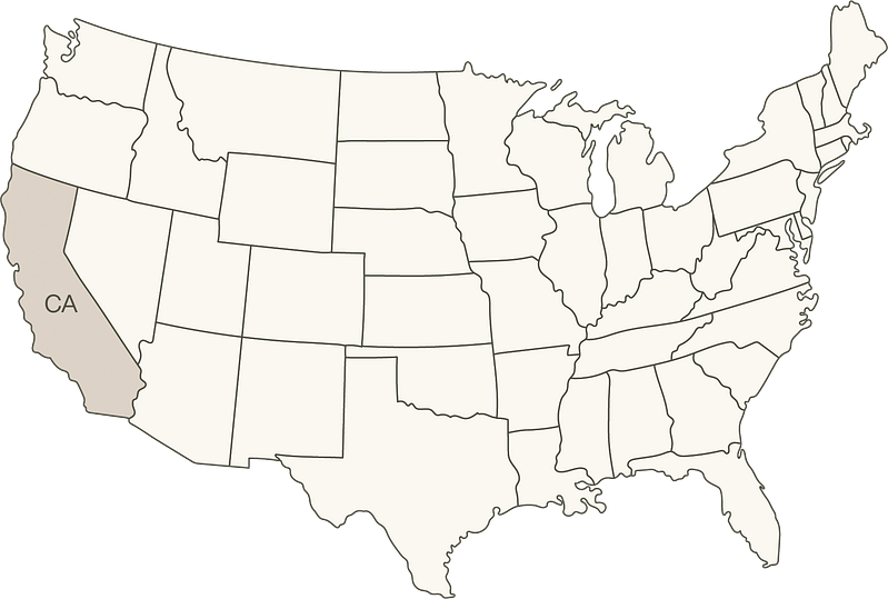 Map of the United States with California state highlighted to show its location on the West Coast
